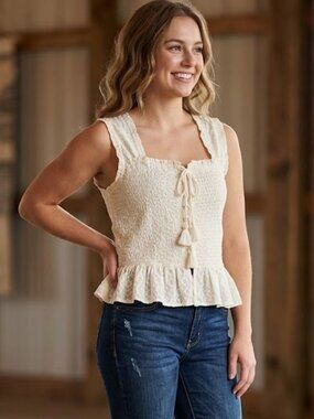 Shyanne Country Ivory Eyelet Smocked Crop Top Size Large - Modern Western